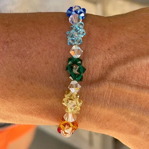 Handmade Swarovski Crystal flower rainbow pride bracelet - Picture 4 of 14
